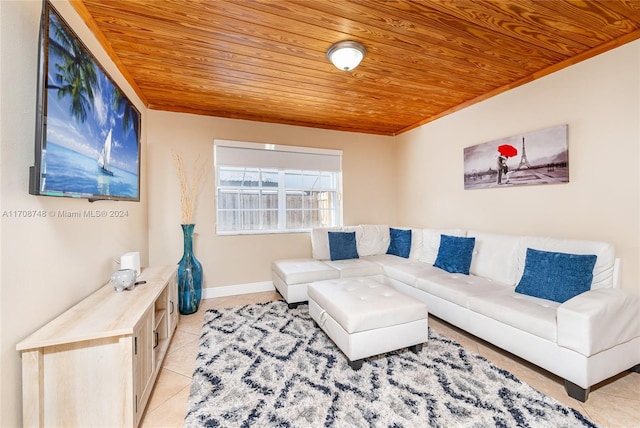 living room with wood ceiling and light tile patterned floors