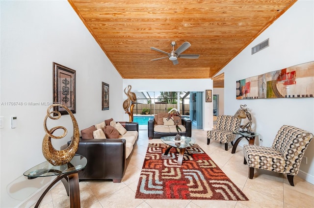 tiled living room featuring high vaulted ceiling, ceiling fan, and wooden ceiling