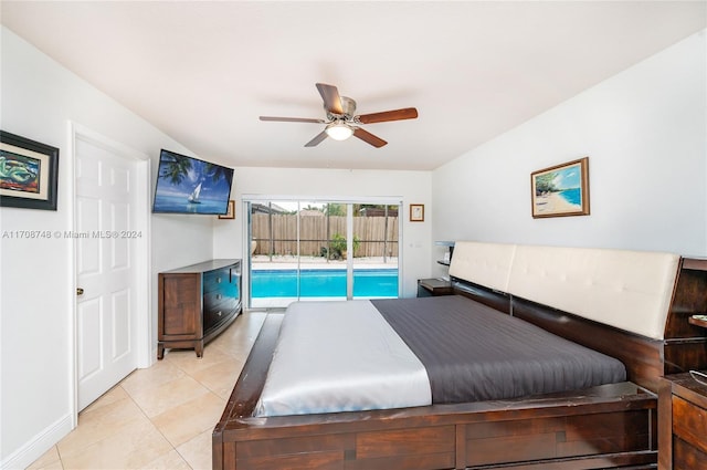 bedroom with ceiling fan, light tile patterned flooring, and access to exterior