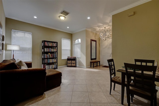 tiled living room featuring crown molding and a notable chandelier