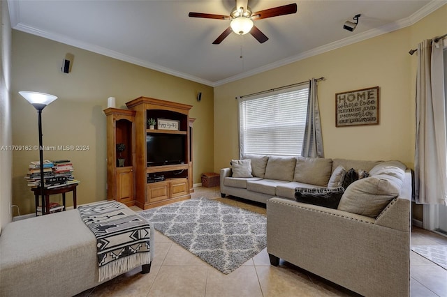 tiled living room featuring crown molding and ceiling fan