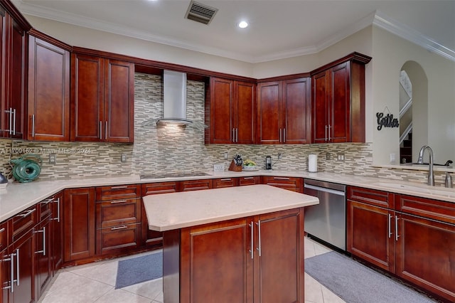 kitchen featuring decorative backsplash, stainless steel dishwasher, wall chimney exhaust hood, sink, and a kitchen island