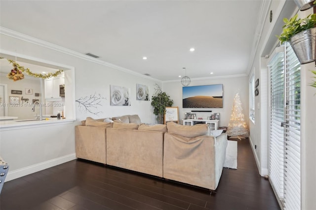 living room featuring sink, ornamental molding, and dark wood-type flooring