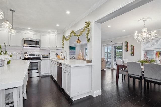 kitchen featuring hanging light fixtures, white cabinets, stainless steel appliances, and dark hardwood / wood-style floors