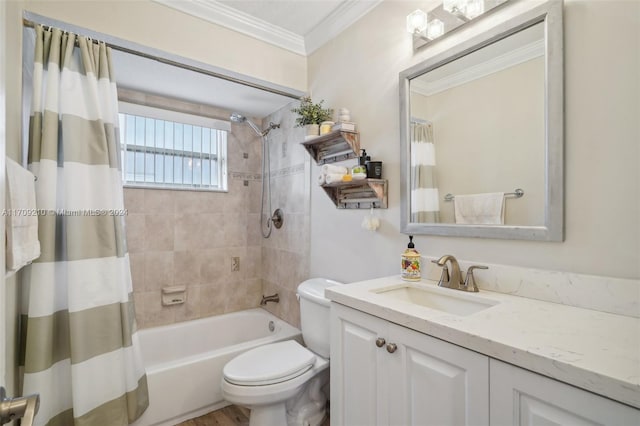 full bathroom with shower / tub combo, vanity, toilet, and ornamental molding