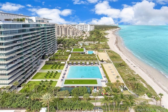 drone / aerial view with a view of the beach and a water view