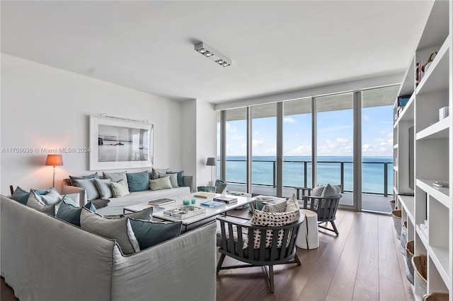 living room featuring a water view, wood-type flooring, and a wall of windows