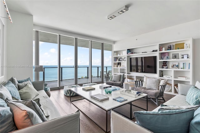 living room with hardwood / wood-style floors and a wall of windows