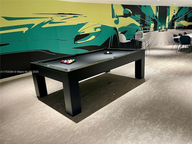 playroom featuring billiards and dark colored carpet