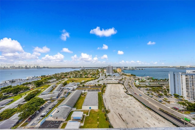 aerial view featuring a water view