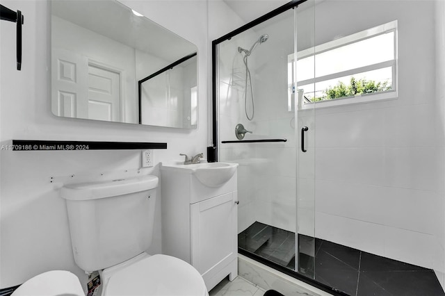 bathroom with vanity, toilet, and a shower with shower door