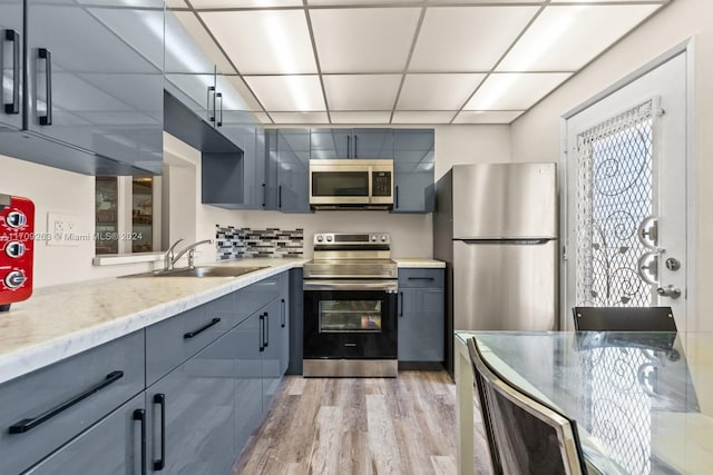 kitchen with decorative backsplash, light wood-type flooring, a drop ceiling, stainless steel appliances, and sink