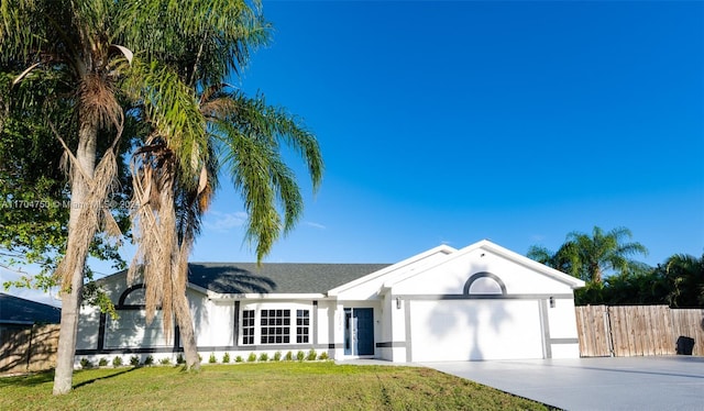 ranch-style home with a front yard and a garage