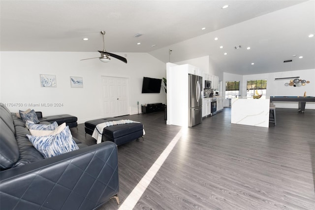 living room featuring ceiling fan, lofted ceiling, dark wood-type flooring, and pool table