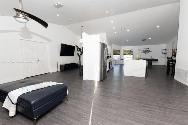 living room featuring ceiling fan, dark wood-type flooring, pool table, and vaulted ceiling