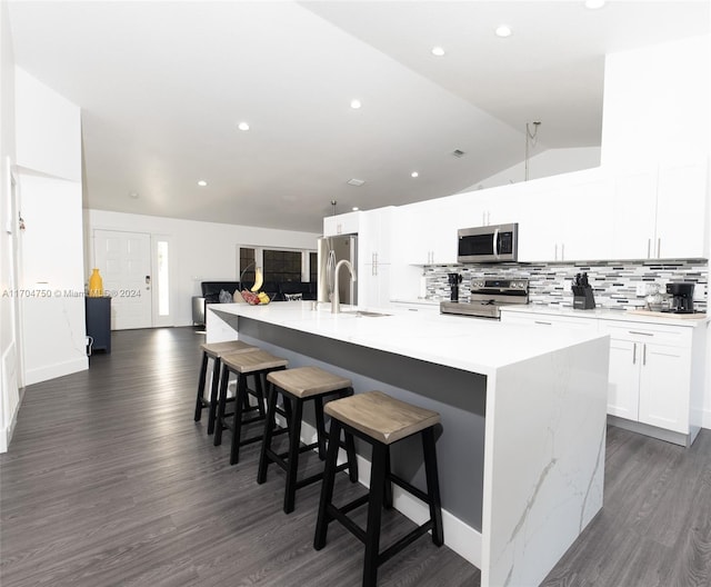 kitchen with a large island, dark hardwood / wood-style floors, lofted ceiling, and appliances with stainless steel finishes