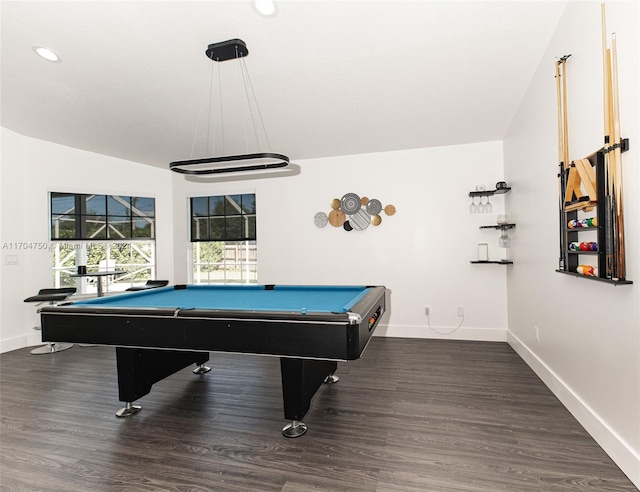 playroom with dark hardwood / wood-style flooring, lofted ceiling, and billiards