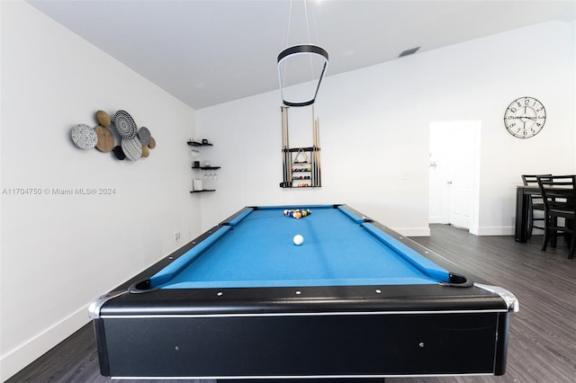 game room featuring lofted ceiling, dark wood-type flooring, and billiards