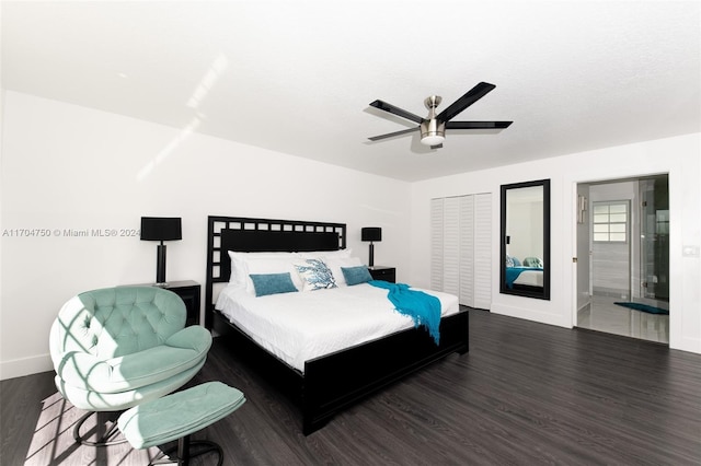 bedroom featuring ceiling fan, dark hardwood / wood-style flooring, and a closet