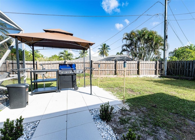 view of yard featuring a gazebo and a patio