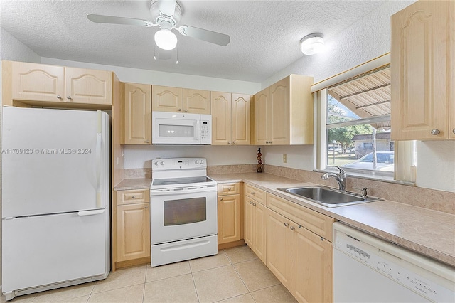 kitchen featuring light brown cabinets, white appliances, sink, ceiling fan, and a textured ceiling