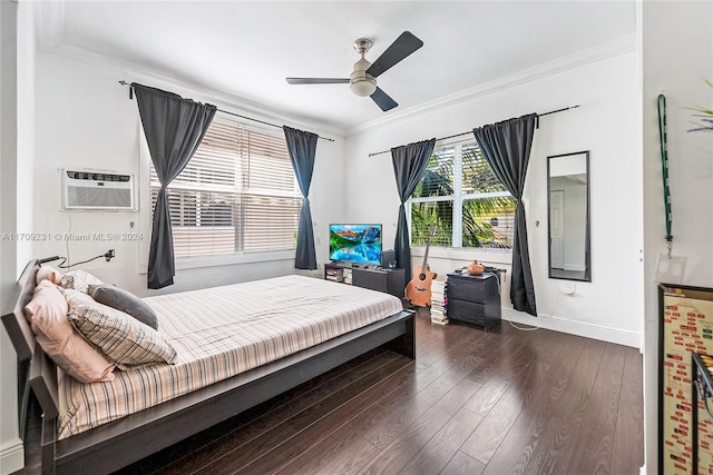 bedroom featuring a wall mounted air conditioner, ceiling fan, ornamental molding, and dark wood-type flooring