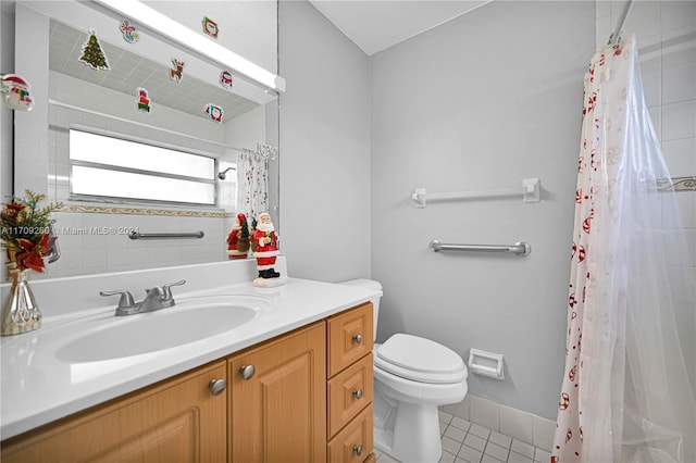 bathroom with walk in shower, tile patterned flooring, vanity, and toilet