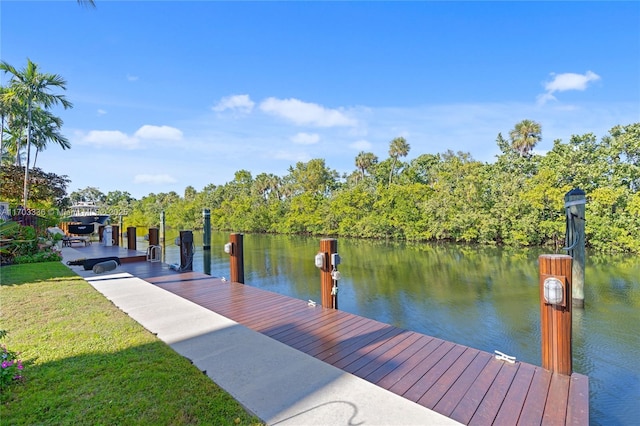 dock area featuring a water view and a yard