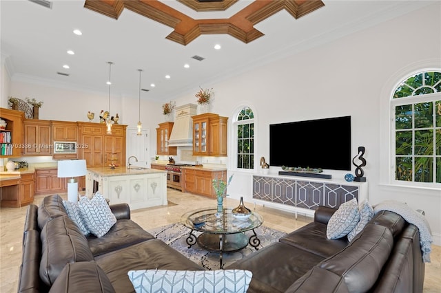 living room featuring sink and crown molding