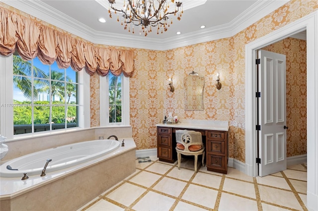 bathroom featuring ornamental molding, a chandelier, and a bathing tub