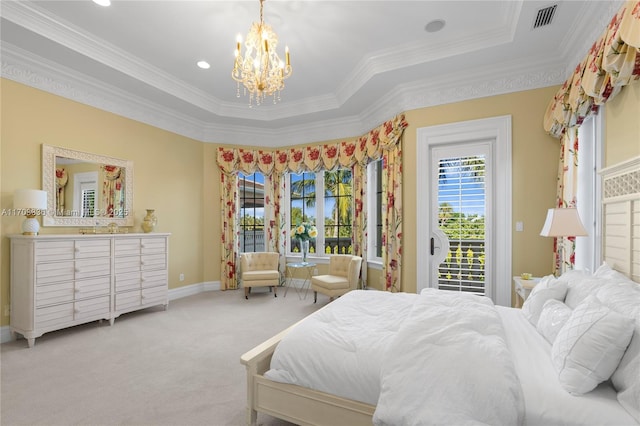 bedroom featuring crown molding, a chandelier, access to outside, a tray ceiling, and light colored carpet