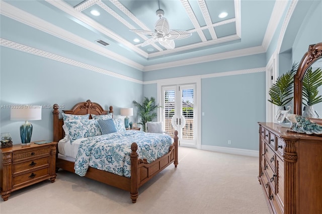 carpeted bedroom featuring coffered ceiling, access to outside, ornamental molding, beamed ceiling, and ceiling fan