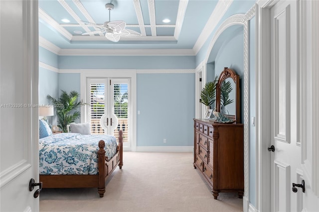 bedroom with coffered ceiling, crown molding, light carpet, access to outside, and beam ceiling