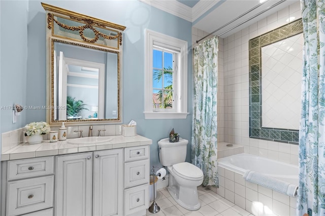 full bathroom featuring shower / bath combination with curtain, vanity, toilet, crown molding, and tile patterned floors