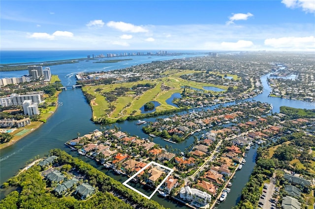 bird's eye view with a water view