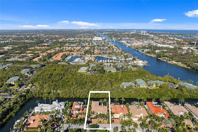 drone / aerial view featuring a water view