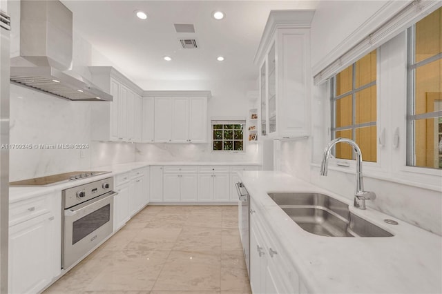 kitchen with white cabinets, sink, wall chimney exhaust hood, appliances with stainless steel finishes, and tasteful backsplash