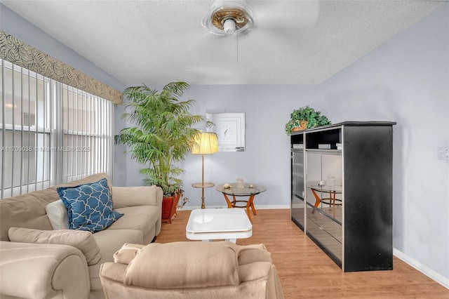 living room with a textured ceiling and light wood-type flooring