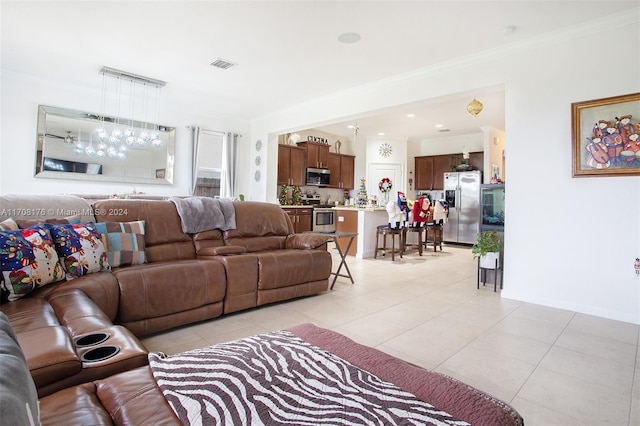 tiled living room with crown molding