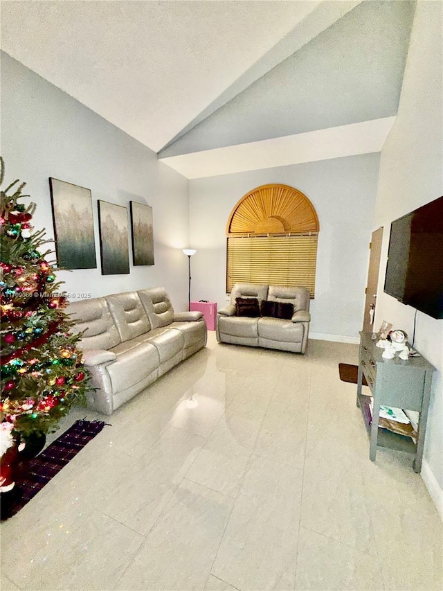 living room featuring a textured ceiling and high vaulted ceiling