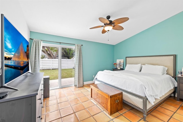 tiled bedroom featuring access to exterior and ceiling fan