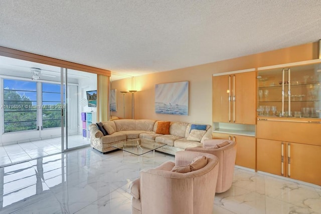 living room featuring a textured ceiling