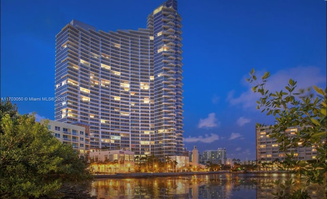 outdoor building at dusk with a water view