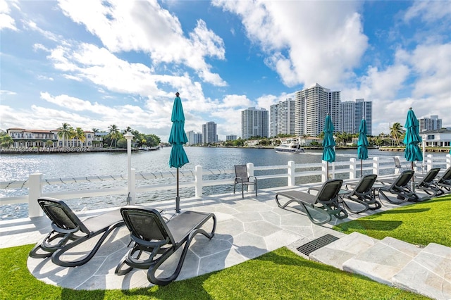 view of patio featuring a water view