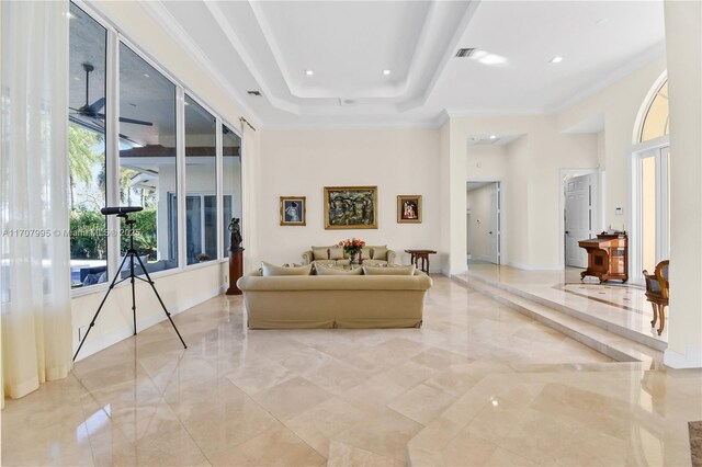 2445 Provence Cir, Weston, FL 33327 - living area featuring a towering ceiling, visible vents, marble finish floor, ornamental molding, and recessed lighting
