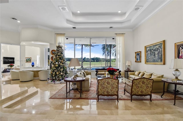 living room featuring a raised ceiling and crown molding