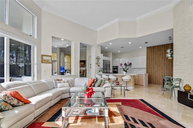 living room featuring a towering ceiling and ornamental molding