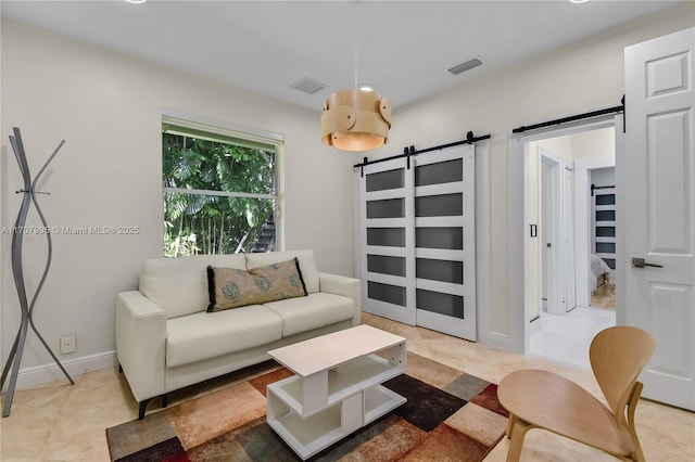 living room with a barn door