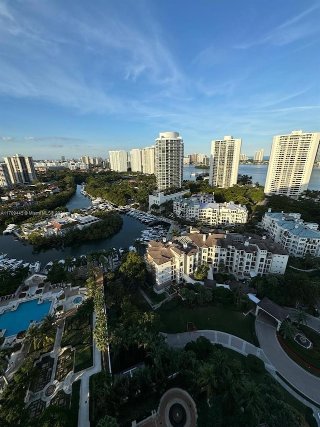 birds eye view of property featuring a water view