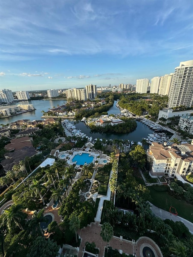 drone / aerial view featuring a water view